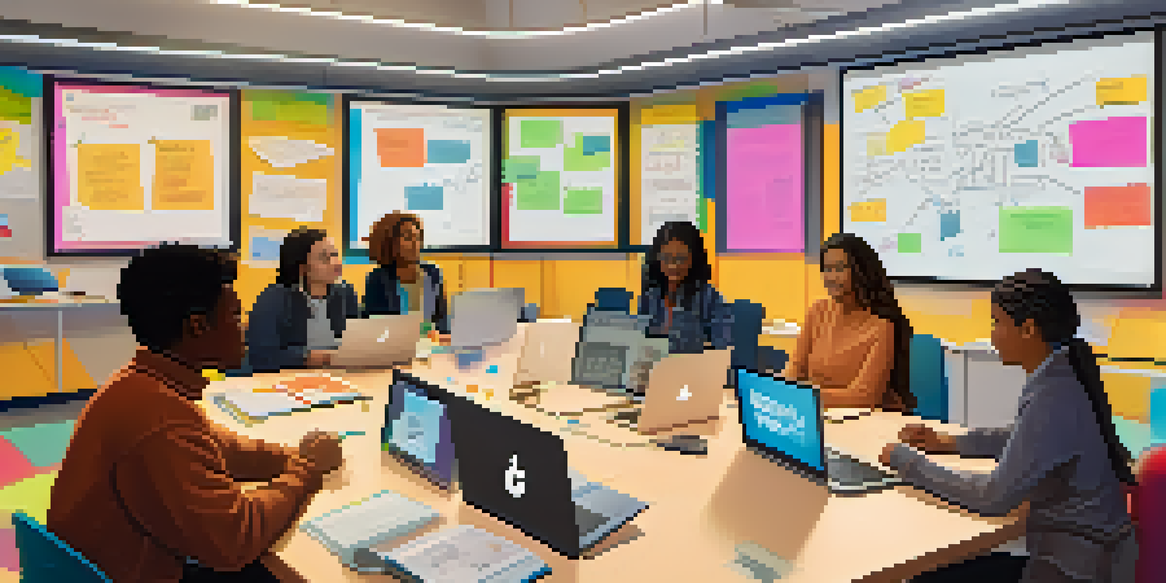 A group of diverse students participating in an online class discussion, surrounded by laptops and colorful notes, with a digital whiteboard in the background.