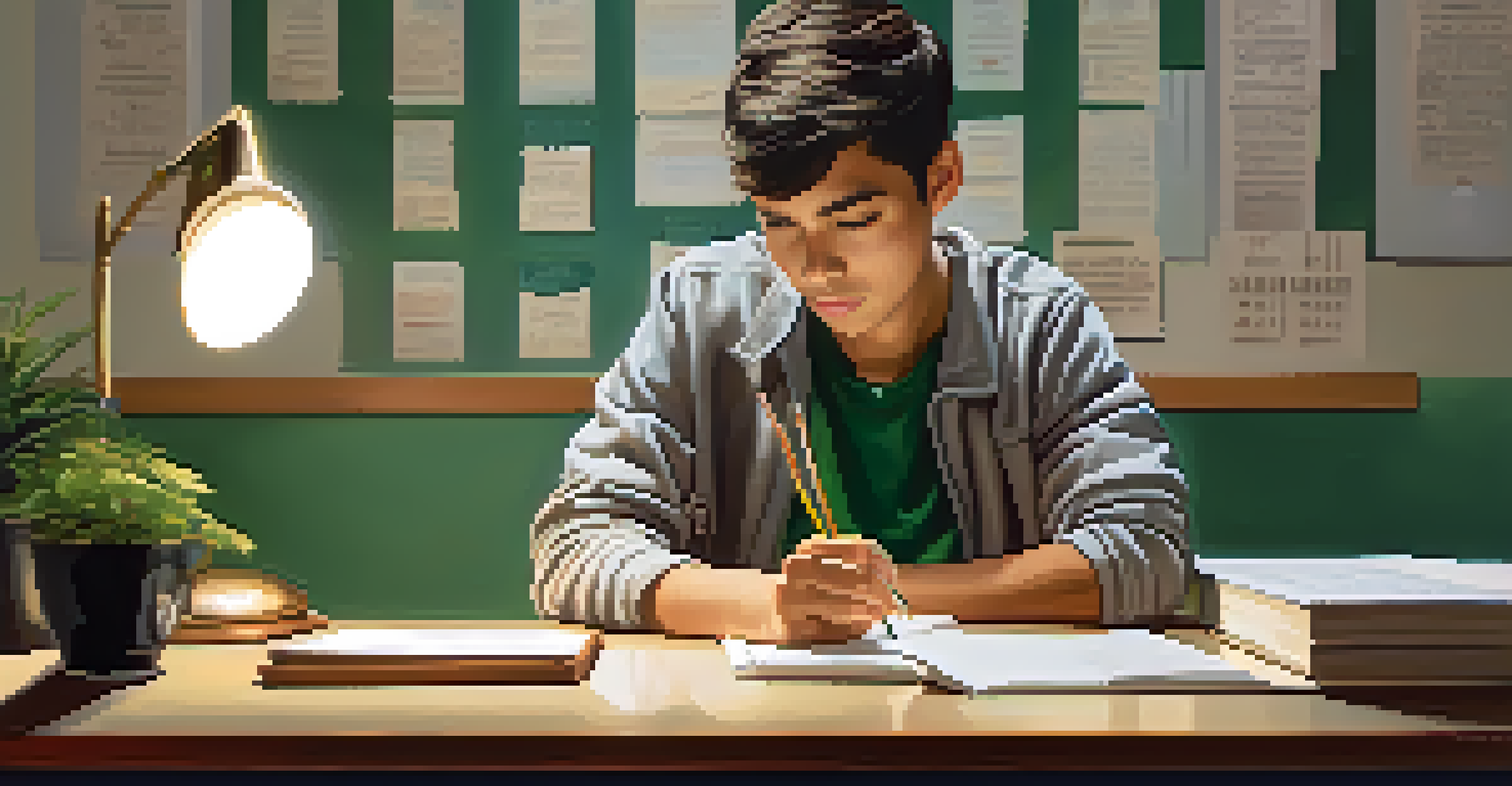 A student reflecting at a desk, showcasing a moment of contemplation and resilience in a soft-lit room.