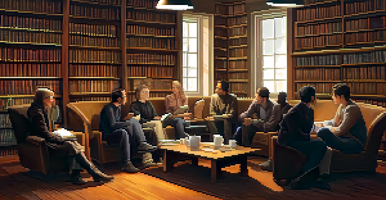 A small group of people in a cozy library corner, engaged in a thoughtful discussion, surrounded by books and warm lighting.