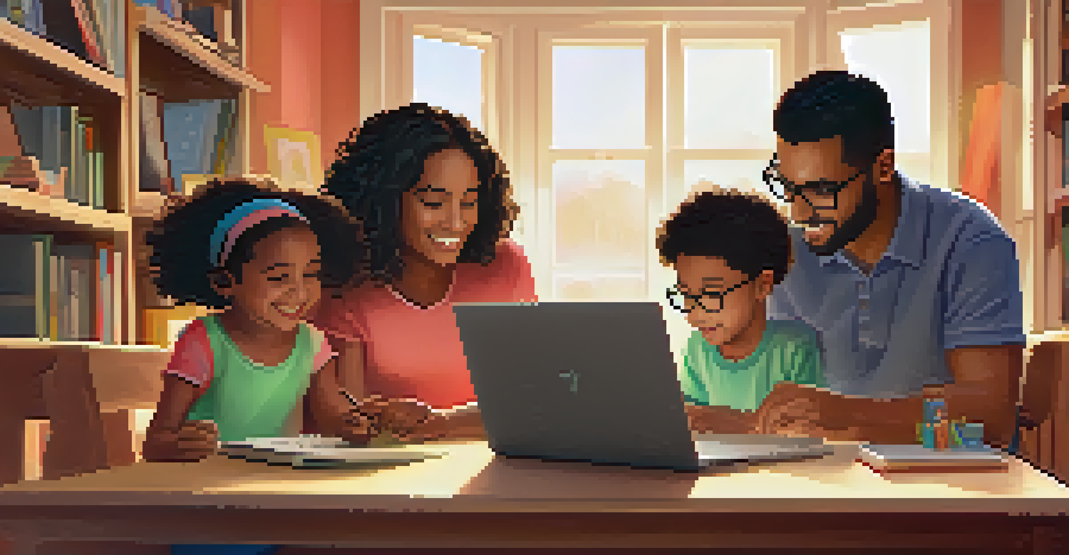 A family learning digital skills together around a laptop in a warm, inviting home setting.