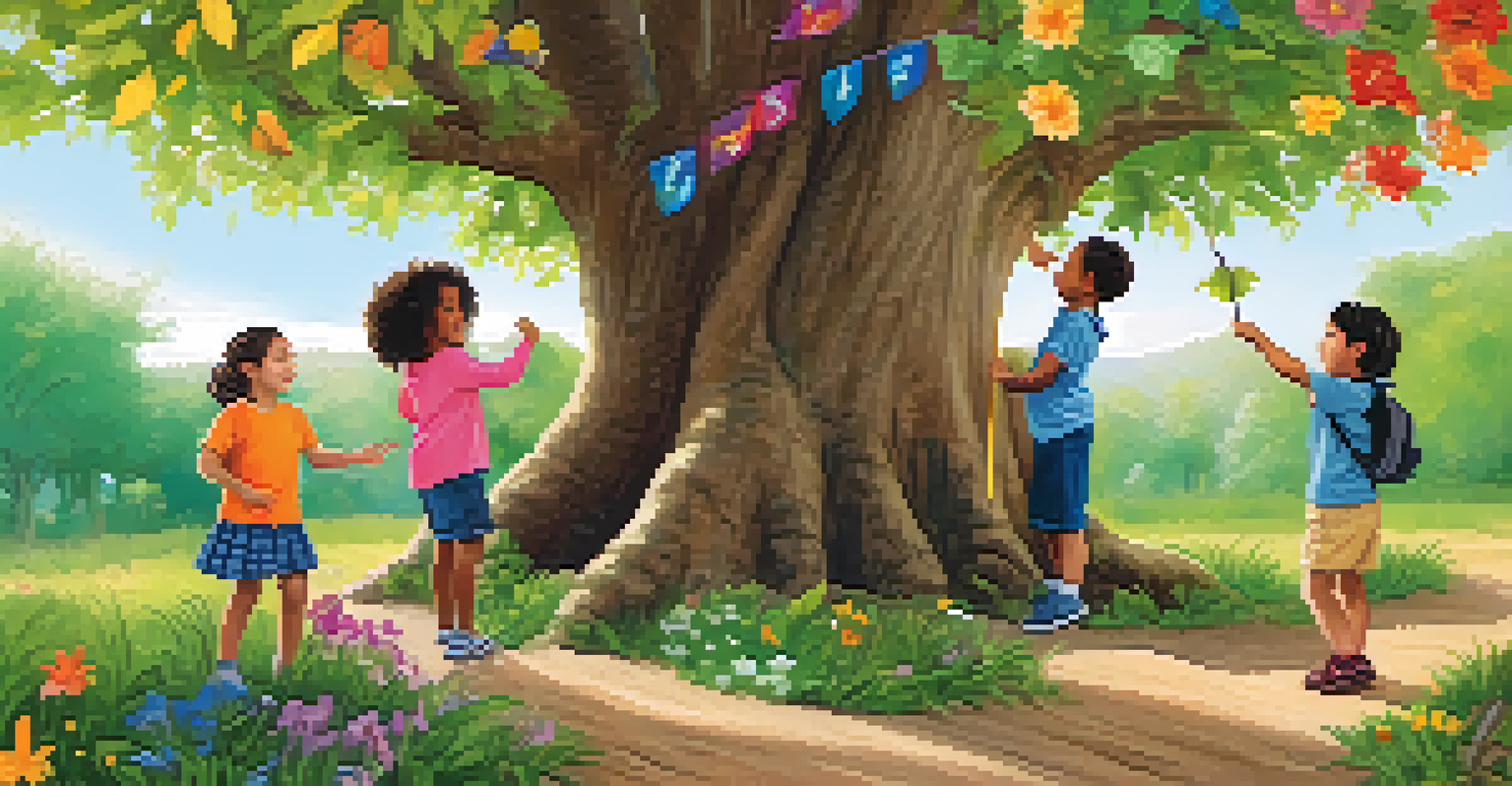 Children participating in a nature scavenger hunt, counting leaves and measuring a tree in a vibrant outdoor setting.