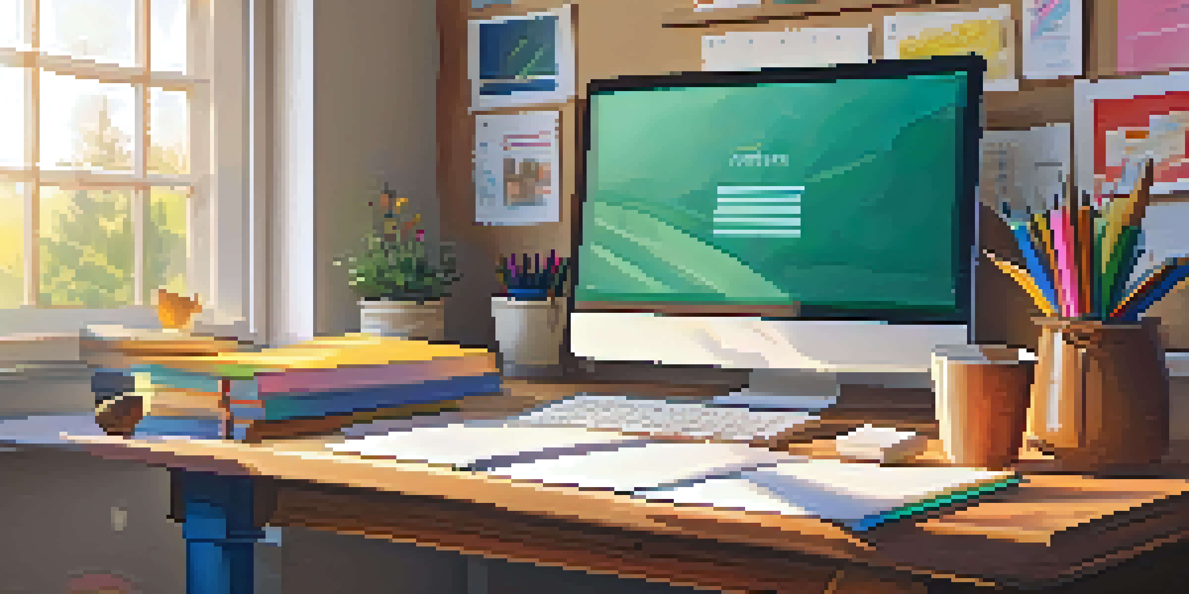 A home classroom with a wooden desk and a laptop showing online learning, colorful stationery, and sunlight coming through a window.