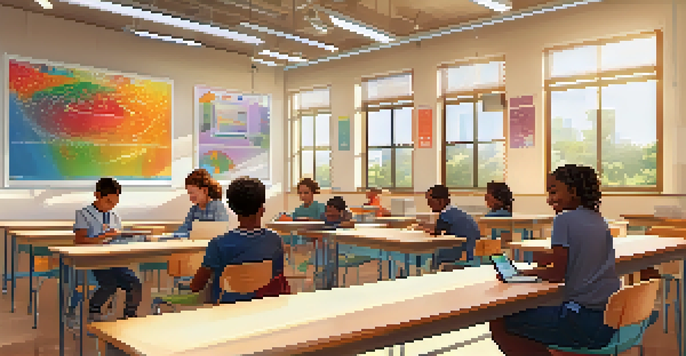 A modern classroom with students using tablets for digital assessments, showing engagement and diversity.