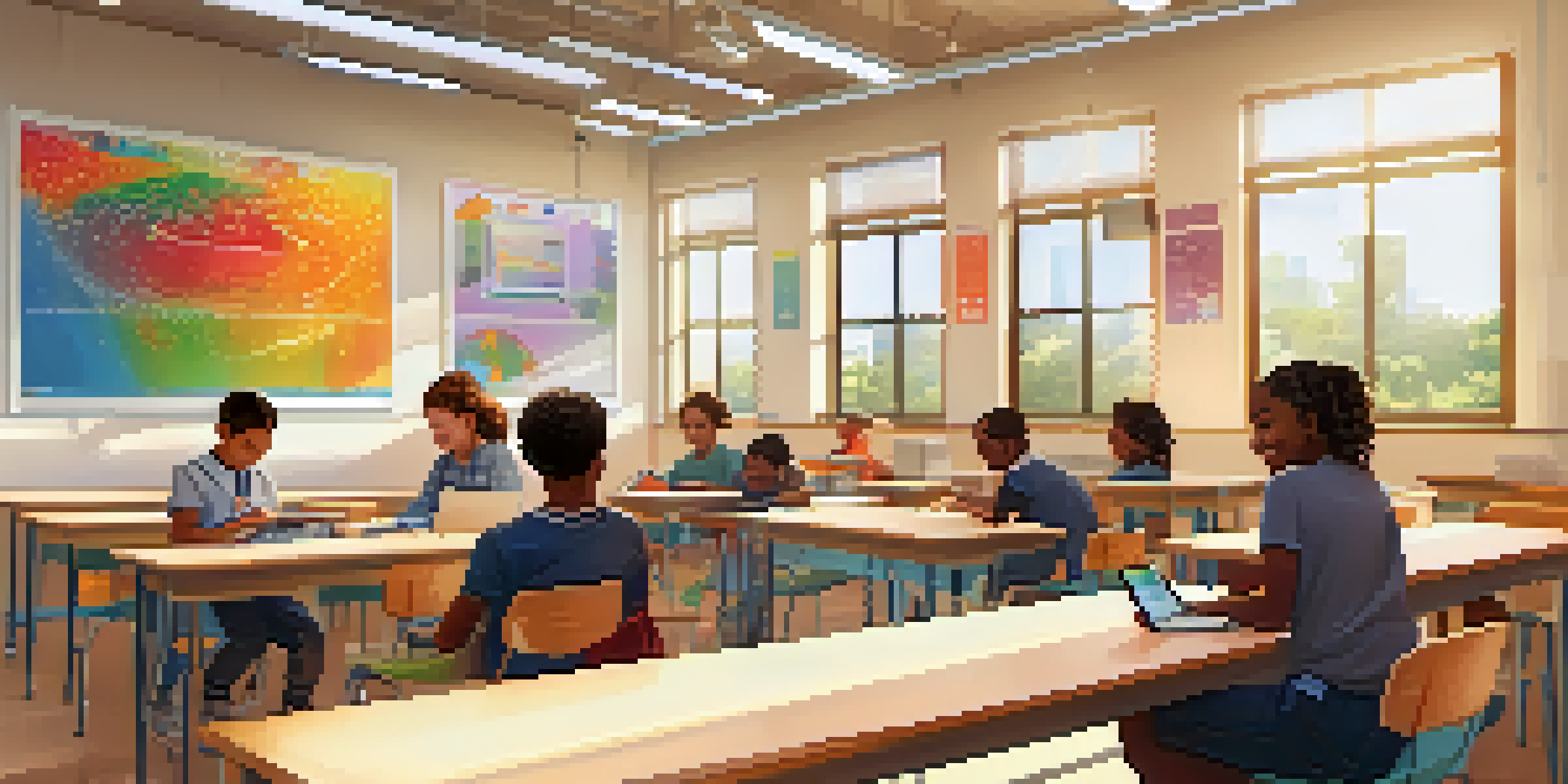 A modern classroom with students using tablets for digital assessments, showing engagement and diversity.