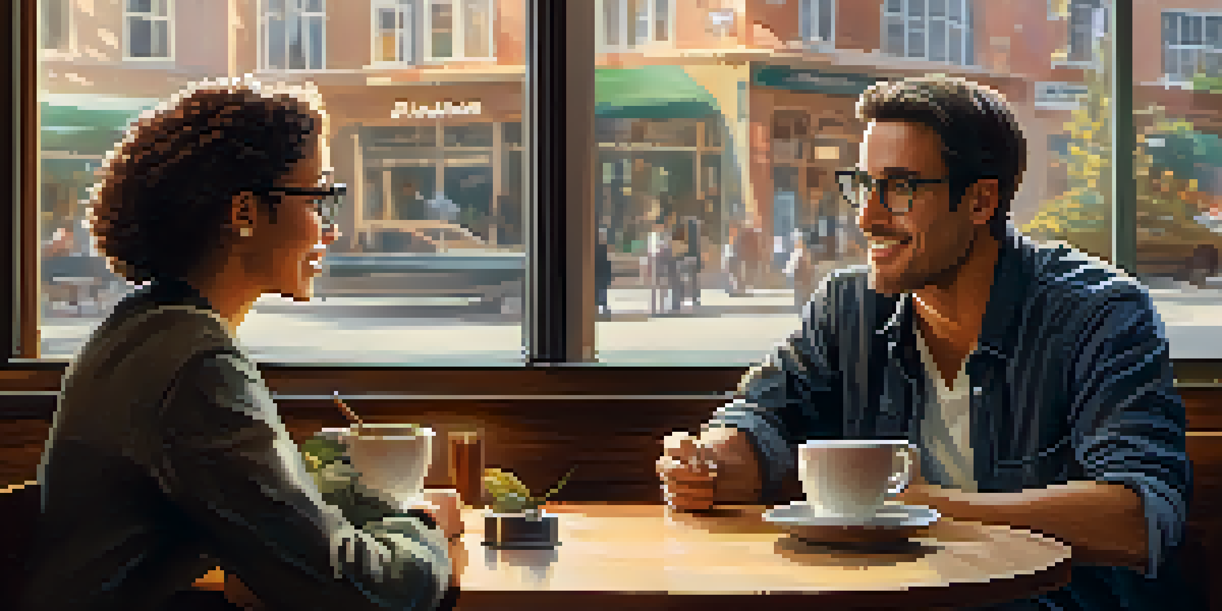 A mentor and a mentee engaged in a warm conversation at a cozy café table, with natural light highlighting their expressions.