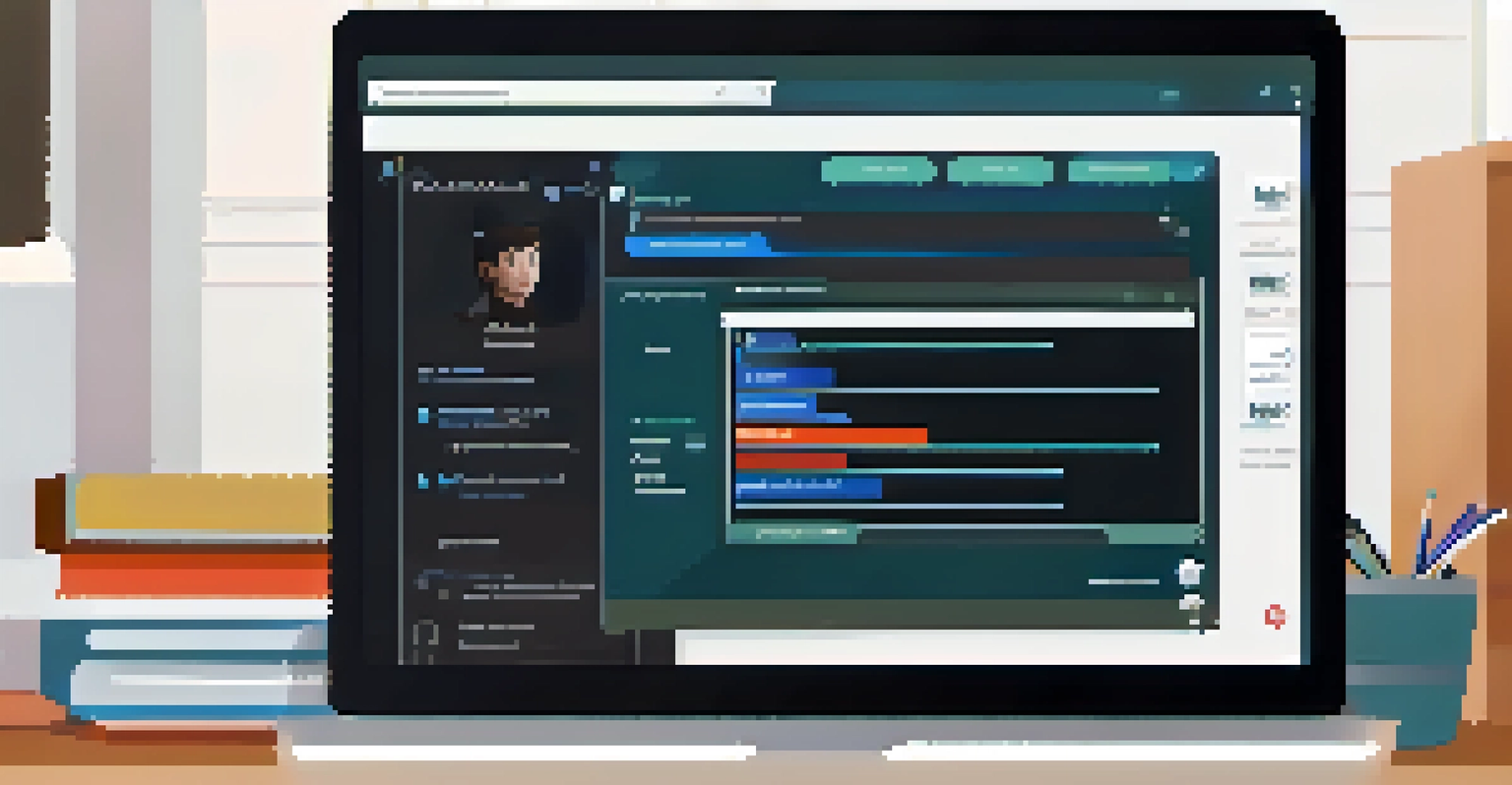 A close-up of a computer screen with an interactive online learning platform, showing video lessons and quizzes with a student in the background.