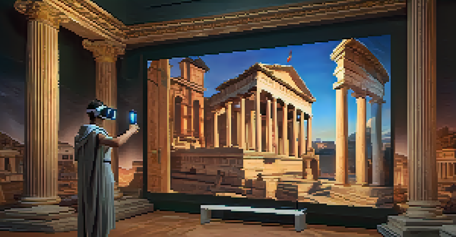 A student immersed in a virtual reality lesson about ancient Rome, surrounded by detailed digital projections and interactive elements.