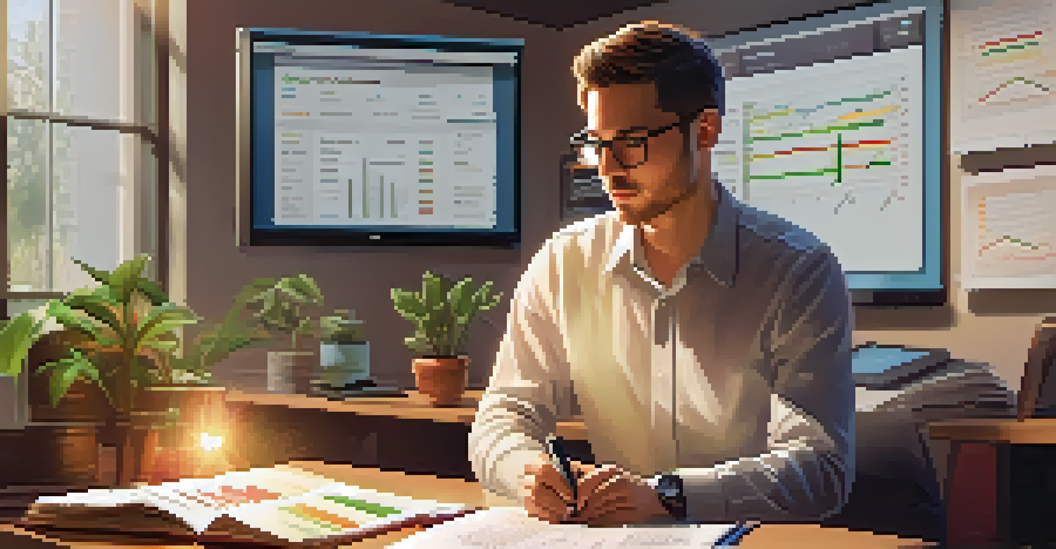 An educator analyzing student performance data on a large screen in a cozy office, with warm lighting and educational materials around.