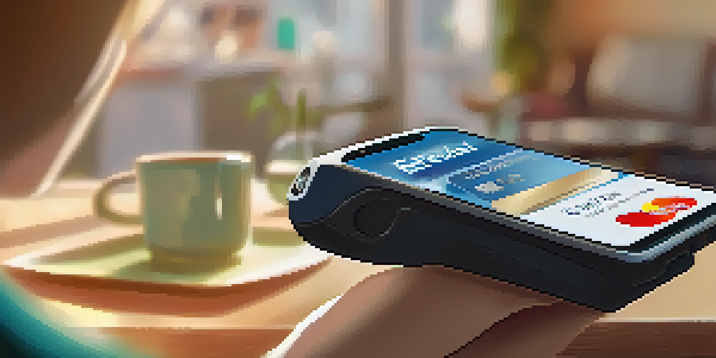 A person holding a credit card and a smartphone in a cozy living room with sunlight filtering through the window.