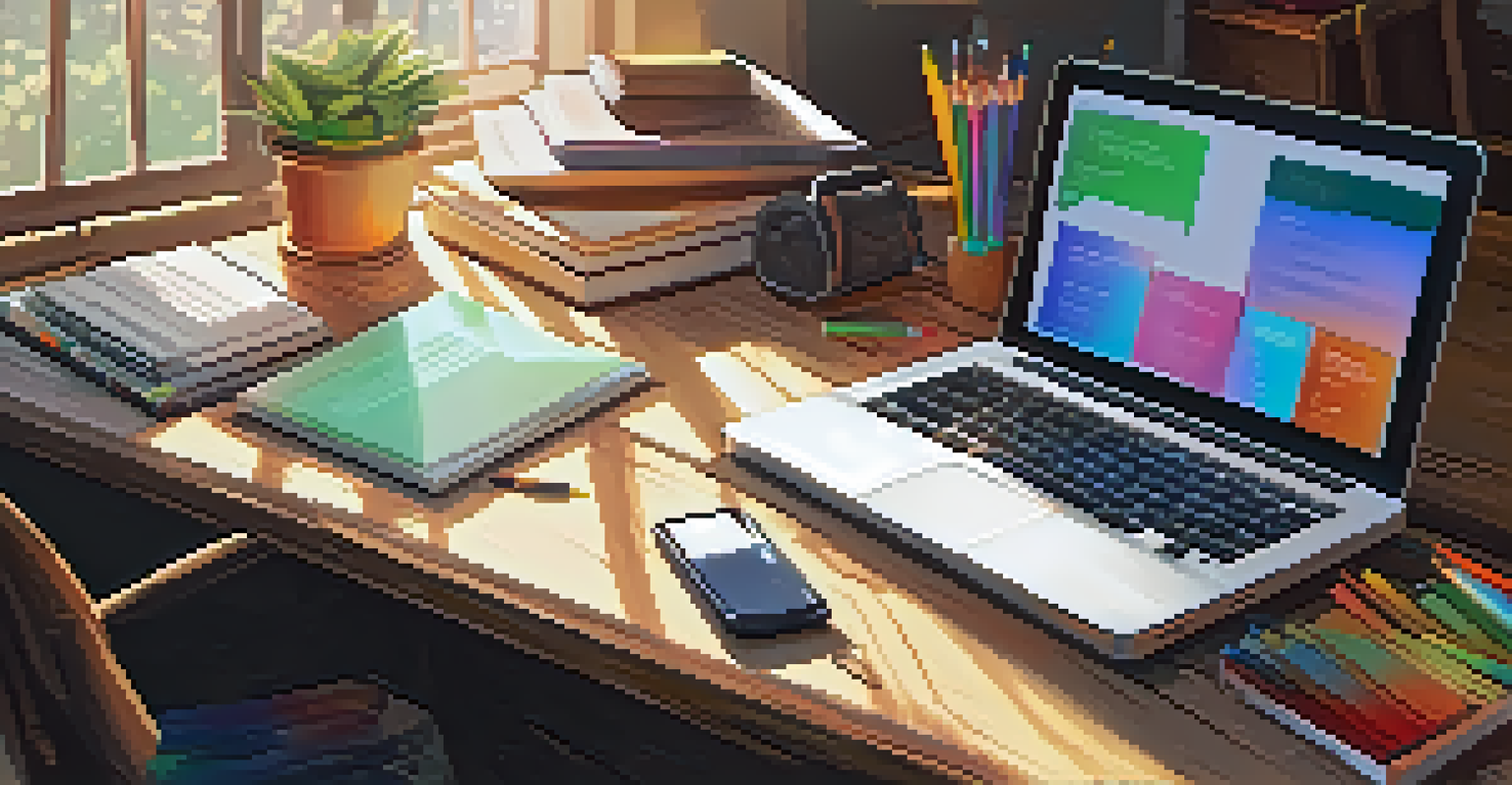 A rustic wooden desk filled with colorful stationery, textbooks, and a laptop showing an online quiz, illuminated by sunlight streaming through a window.