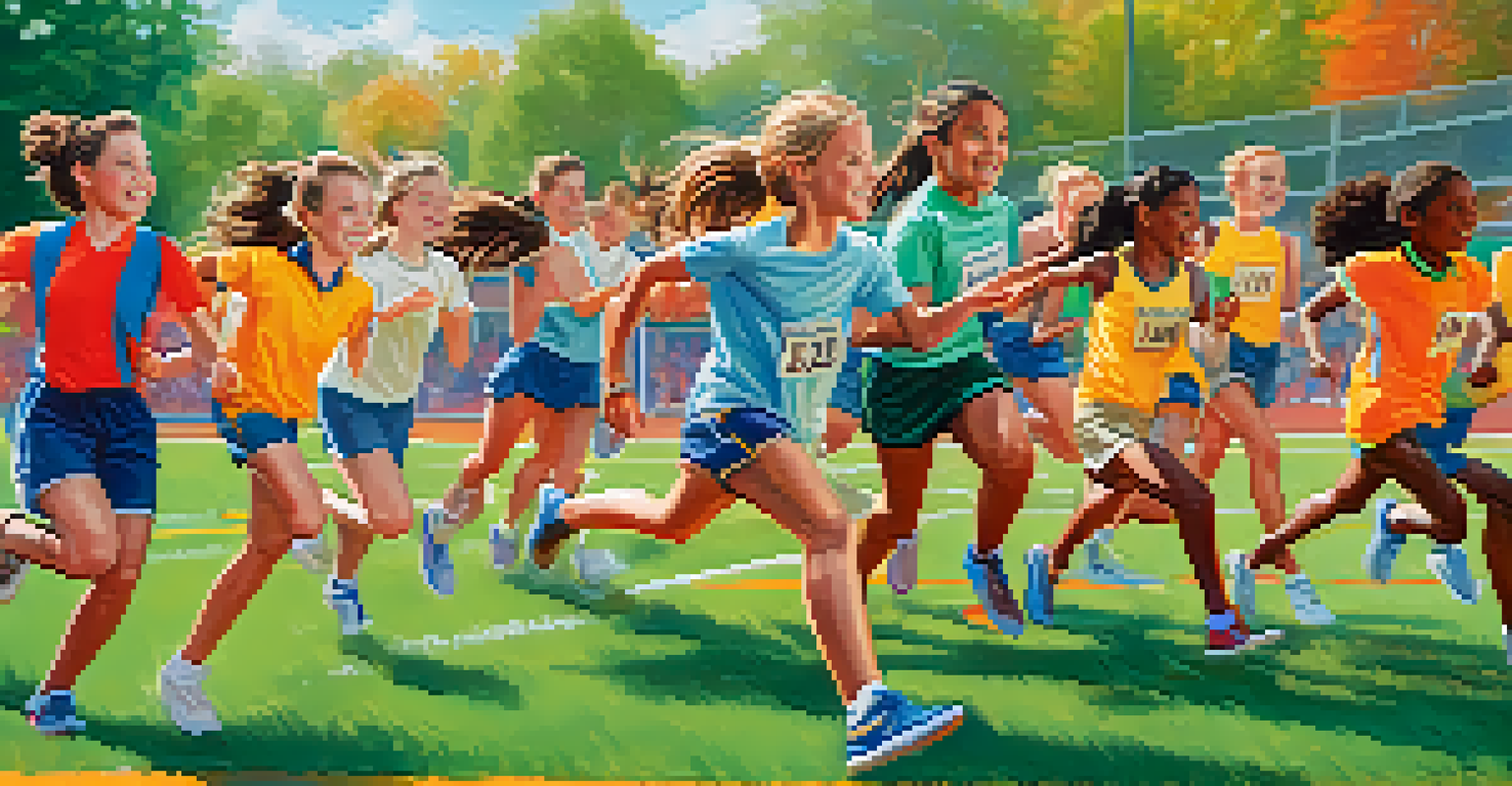 A dynamic outdoor scene of students participating in a relay race during physical education class, surrounded by cheering classmates.