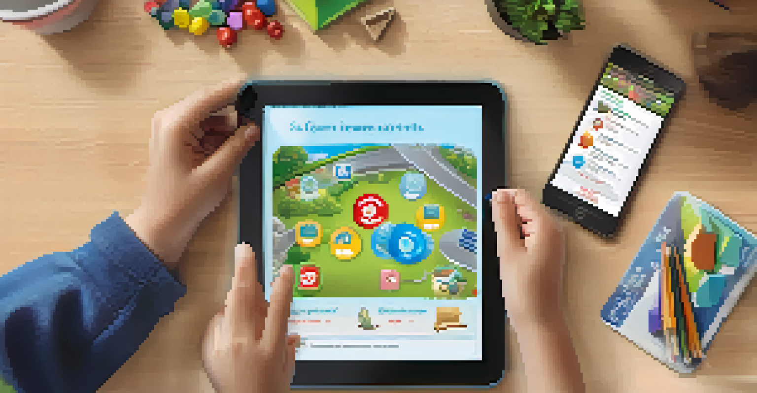 A digital tablet showing a gamified educational app with interactive challenges and rewards, highlighting a student's hands engaging with it.
