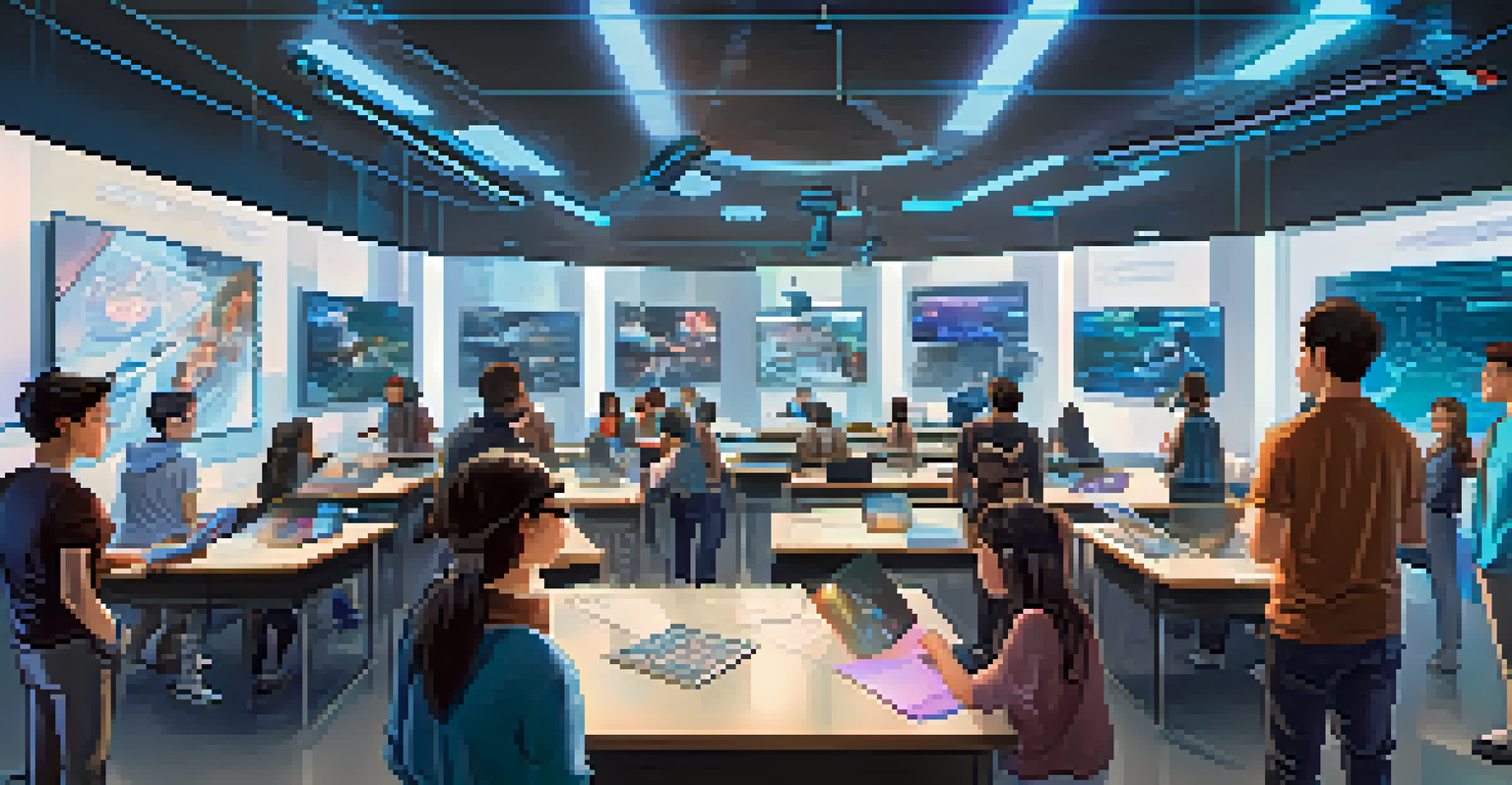 A futuristic classroom with students using augmented reality headsets and interacting with holographic displays while collaborating on a project.