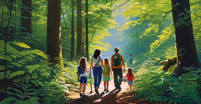 A family enjoying a nature walk in a lush forest, surrounded by diverse plants and wildlife, with sunlight filtering through the trees.