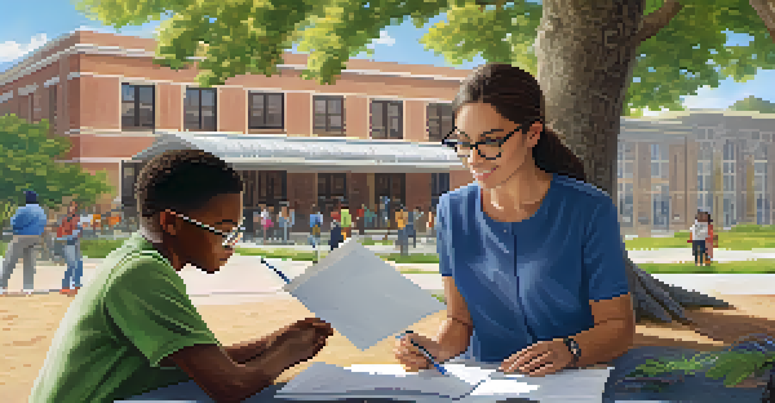 A mentor and a mentee engaged in discussion over a science project blueprint in a natural outdoor setting, with a school building in the background.