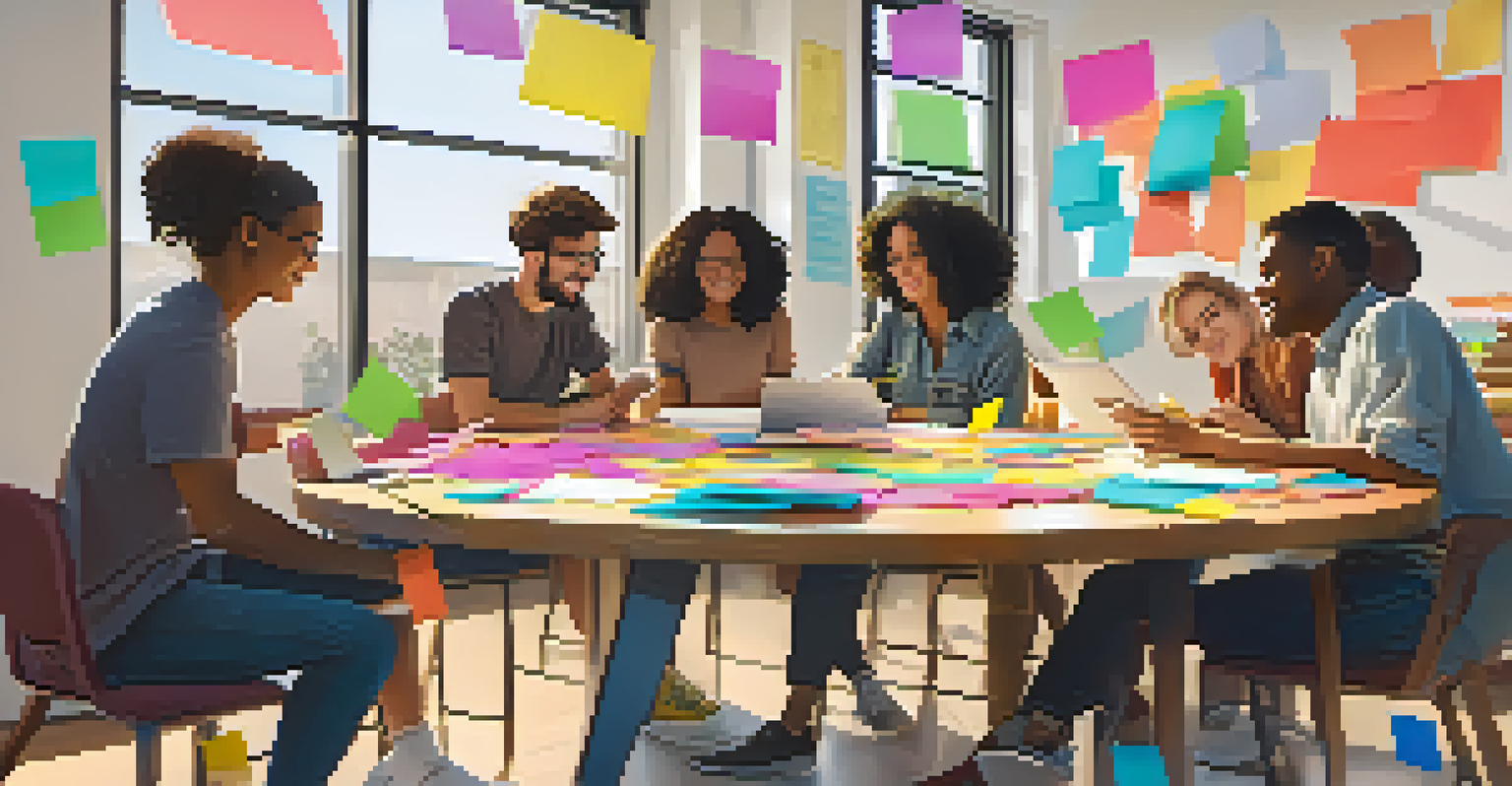 A diverse group of students collaborating on a project around a table with laptops and notes.
