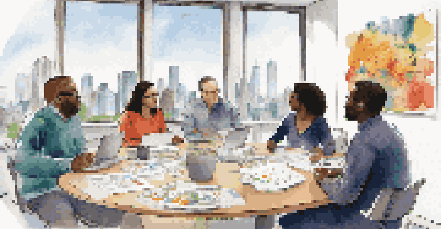 A diverse group of adults participating in a financial literacy workshop, discussing around a circular table with charts and laptops.