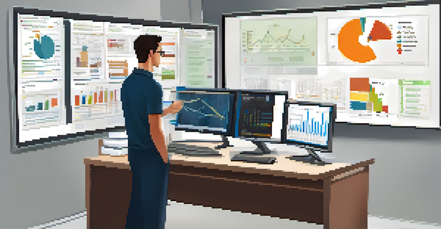 An educator sitting at a desk, analyzing assessment data on a computer screen with various charts and graphs visible in a well-organized room.