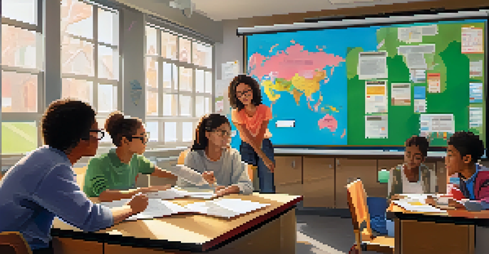 A classroom with diverse students working on a project, guided by their teacher, with a digital grading interface displayed.