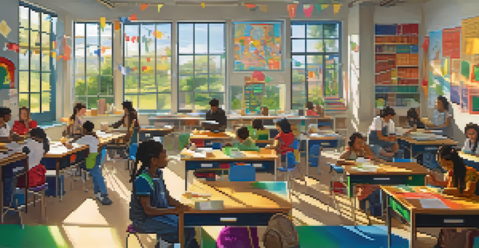 A diverse group of students working together on a project in a colorful classroom filled with cultural posters and sunlight.