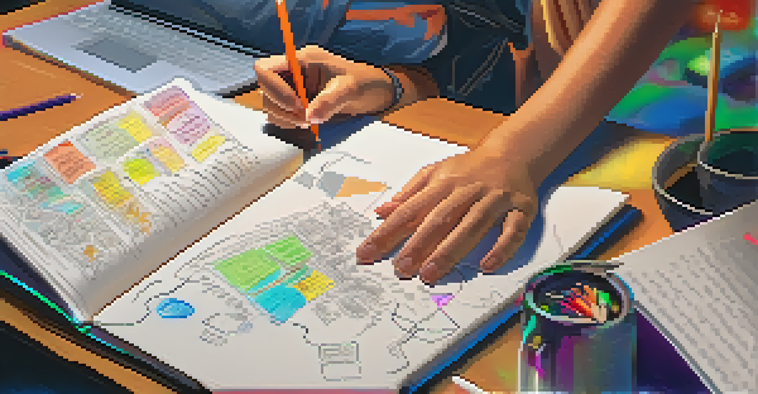 A student focused on creating a digital storytelling project, with sketches and coding on the laptop, illuminated by a desk lamp.