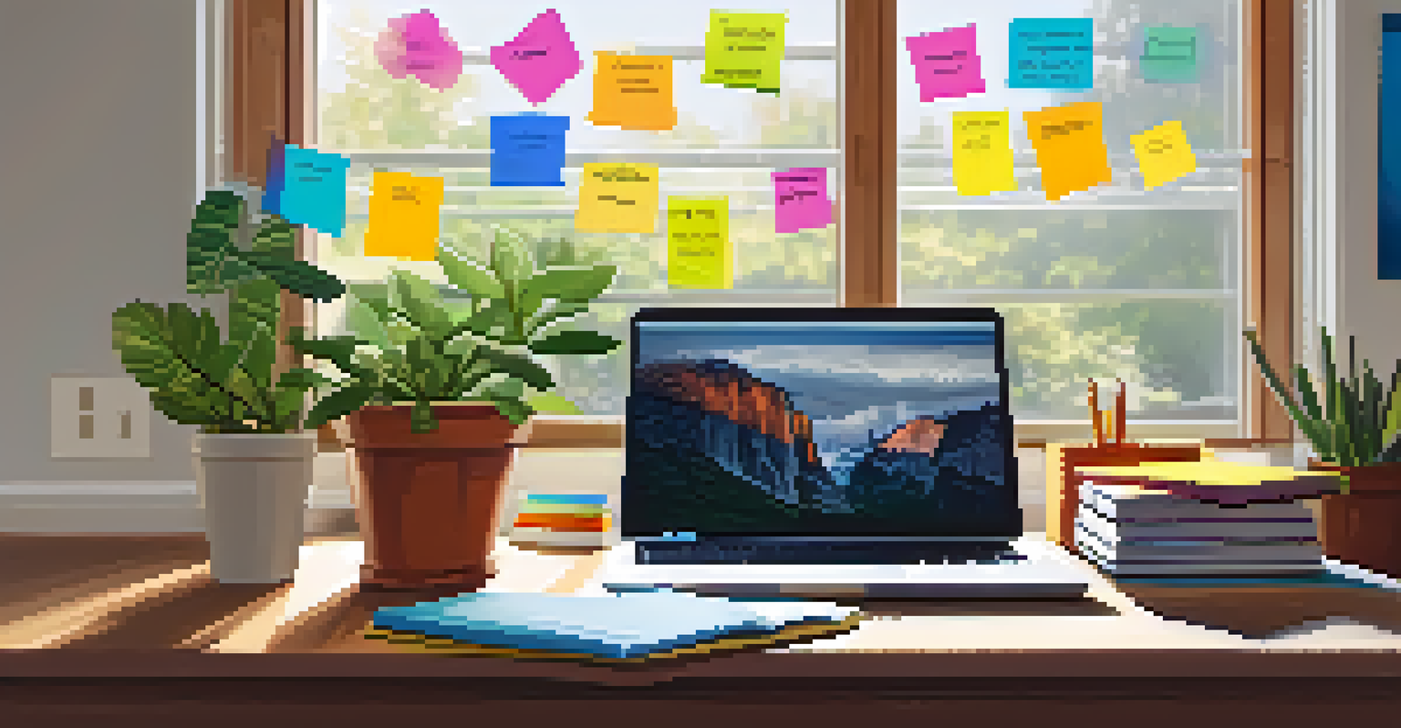 An organized desk with a laptop, open books, sticky notes with SMART goals, and a potted plant, symbolizing motivation in self-directed learning.