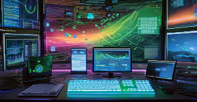 A close-up view of a computer screen with colorful data streams and security icons, with a person typing in the background.