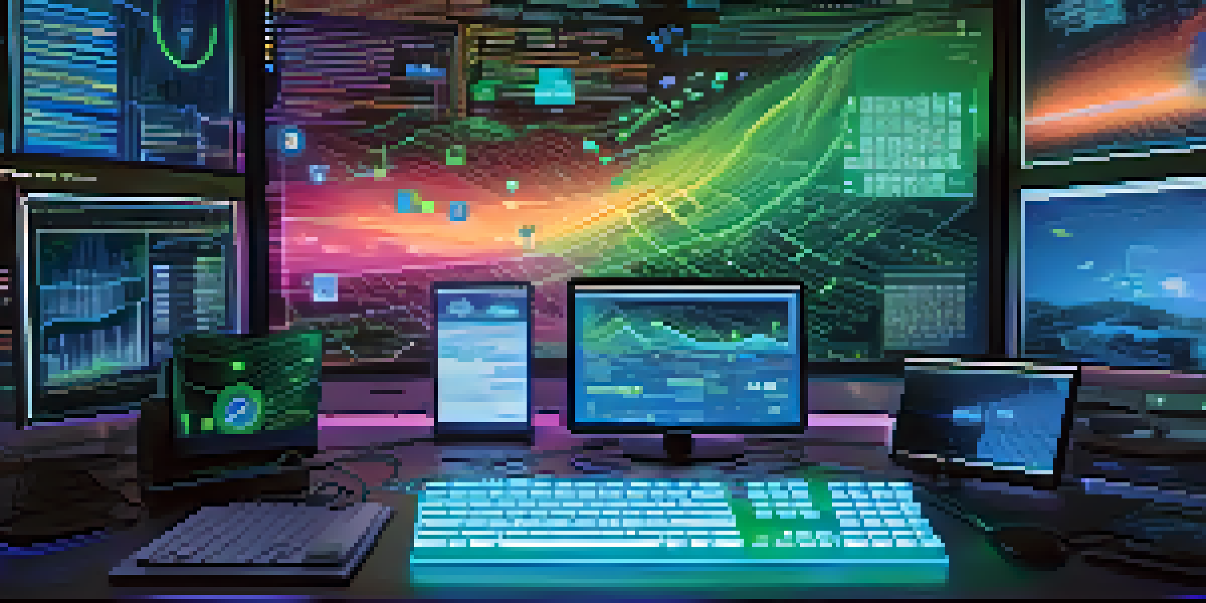 A close-up view of a computer screen with colorful data streams and security icons, with a person typing in the background.