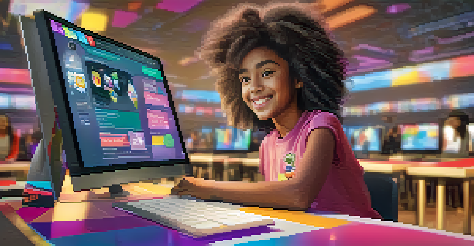 A young girl engaged with a gamified learning platform on her computer, smiling as she interacts with colorful game elements.