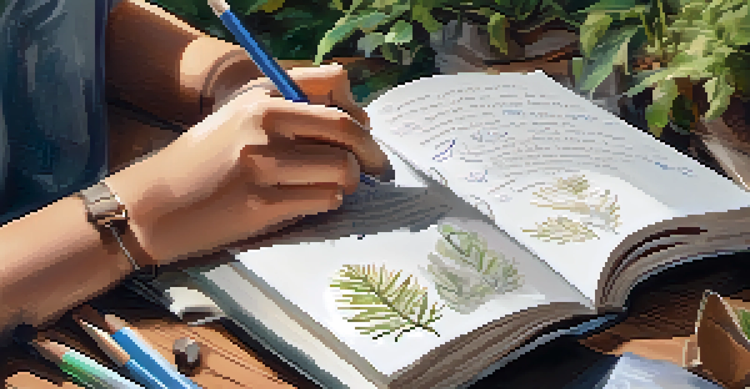 A close-up of a student writing in a journal about their community learning experiences, with nature elements around.