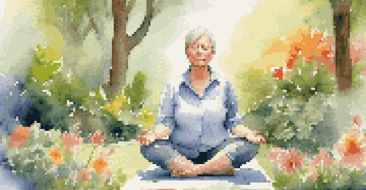 A middle-aged woman practicing mindfulness meditation in a tranquil garden surrounded by flowers.