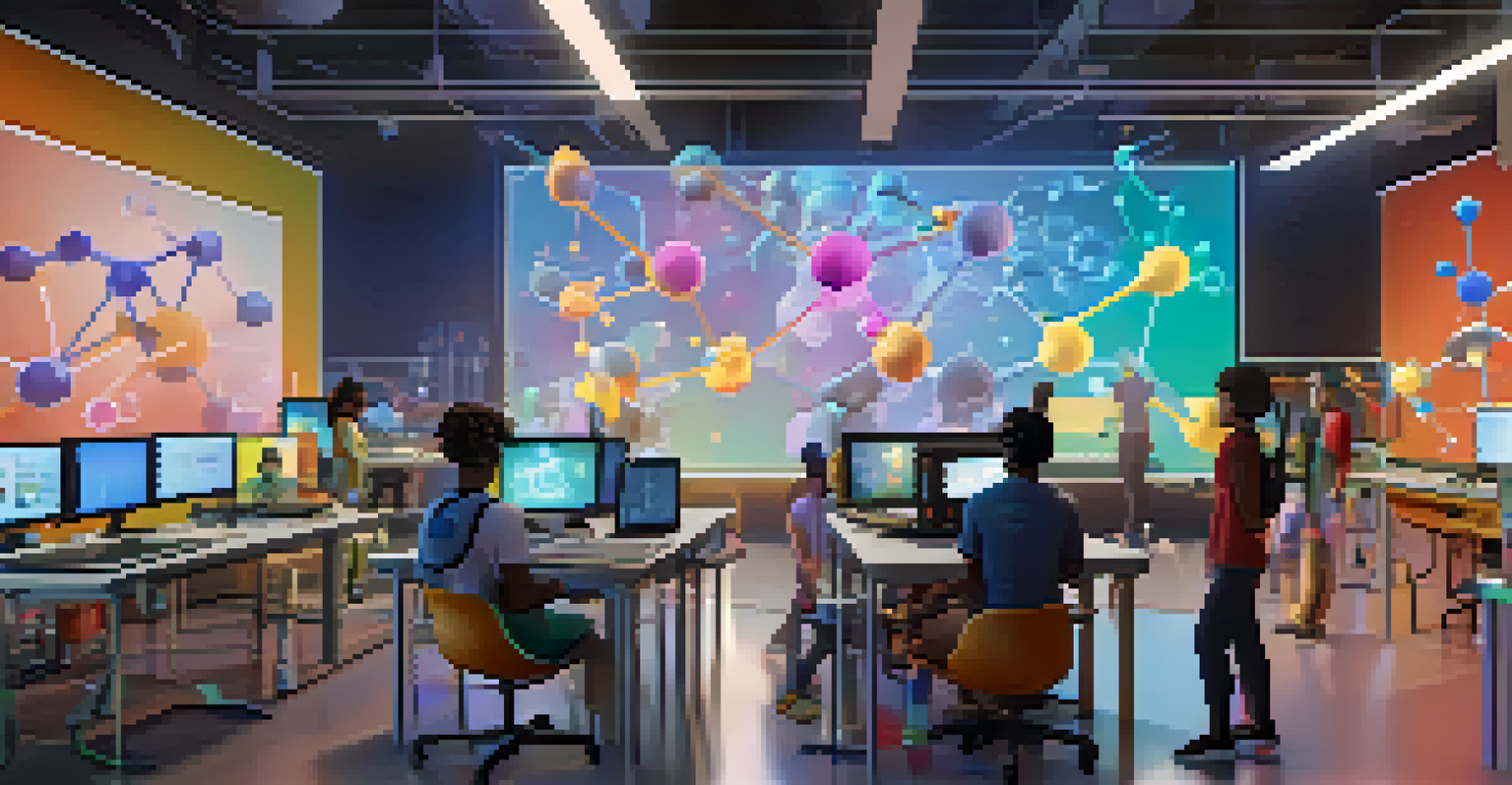Diverse students collaborating in a virtual lab on a science project, surrounded by 3D models and high-tech equipment.