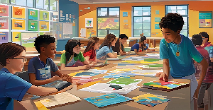 A lively classroom with students actively participating in a gamified learning experience, collaborating in groups and interacting with a digital screen, under warm natural light.