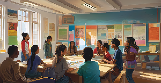 A colorful classroom with diverse students participating in a discussion, surrounded by cultural artifacts and bright sunlight.