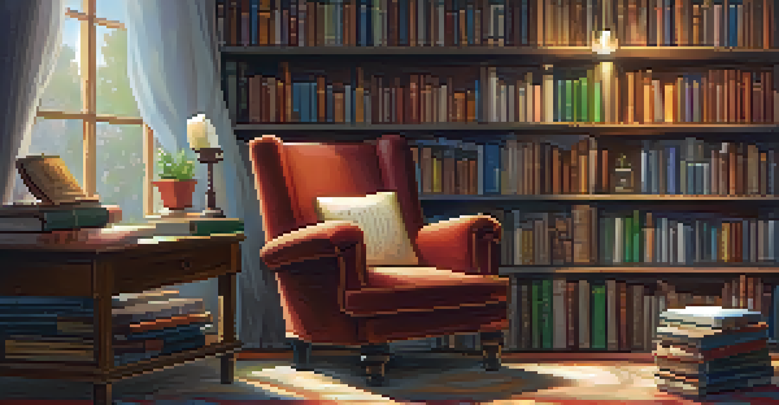 A colorful bookshelf with various books, a cozy armchair, a warm lamp, and a cup of tea in a reading nook.