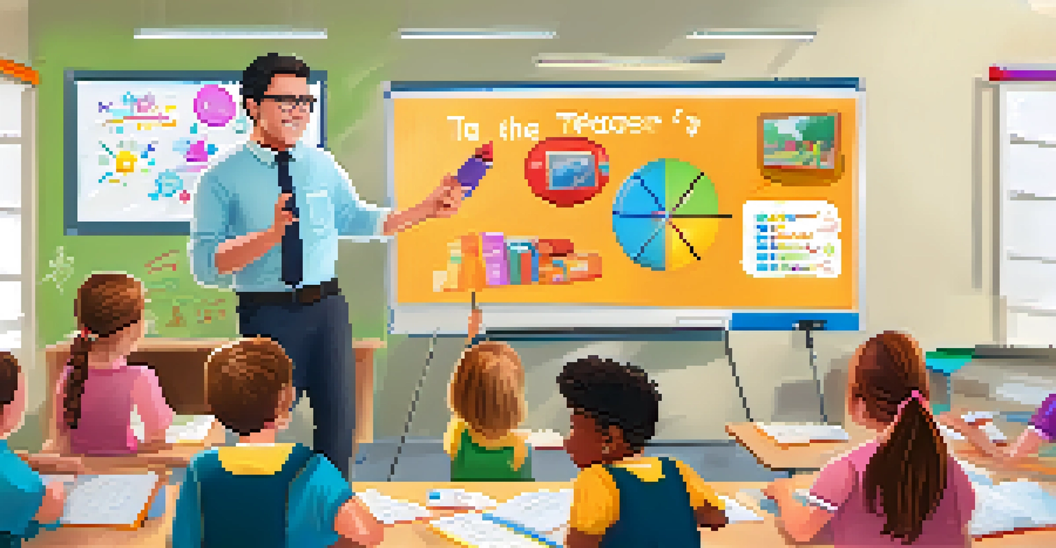 A teacher assisting students in a bright classroom, with a digital whiteboard and engaged learners discussing concepts.