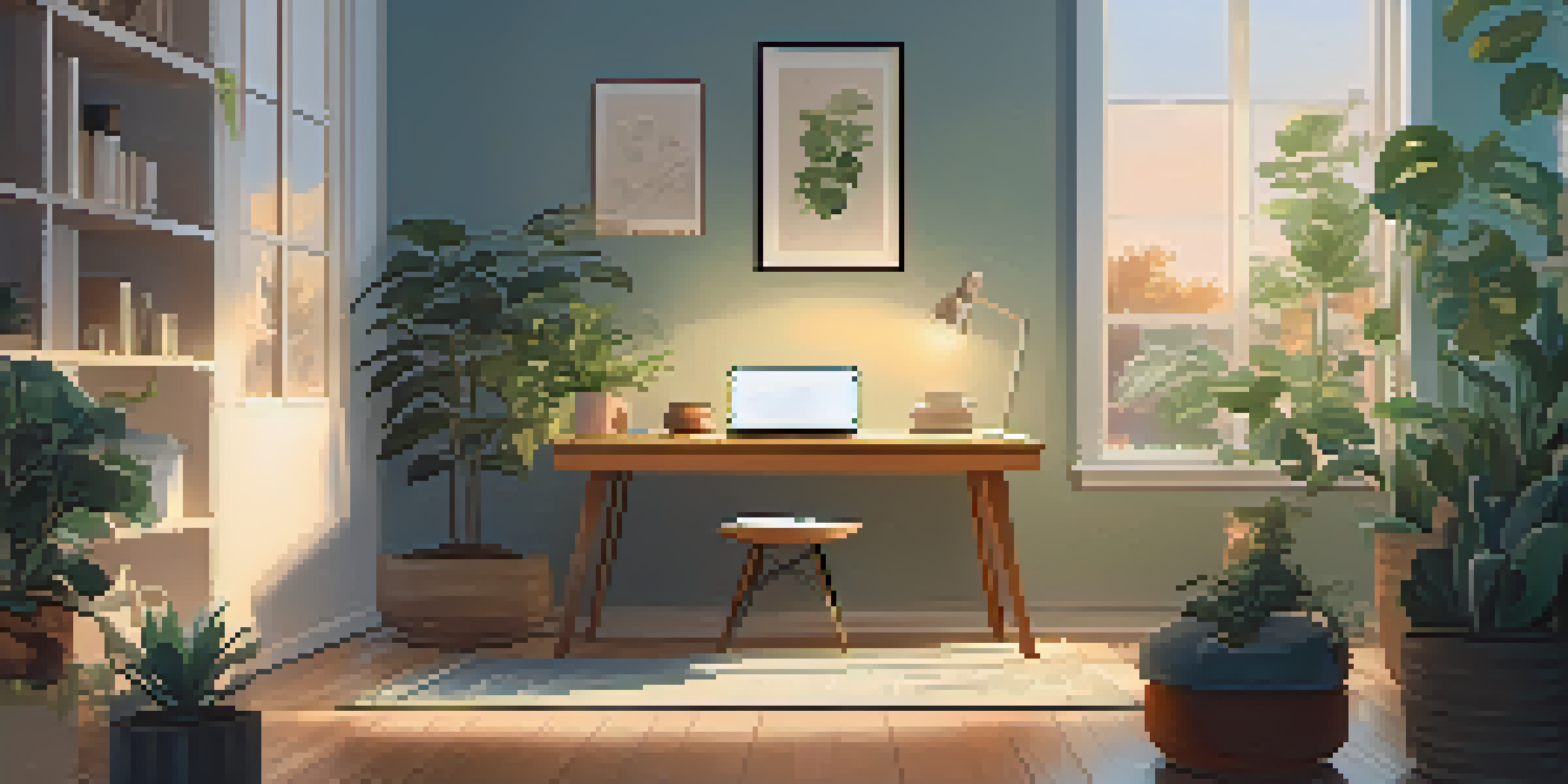 A peaceful home study space with a person practicing mindful breathing on a yoga mat, surrounded by plants and soft lighting.