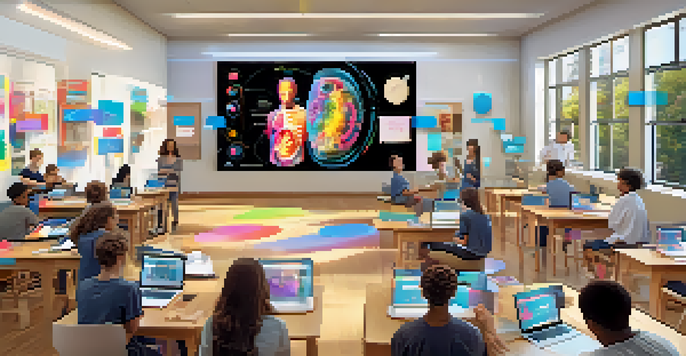Students in a classroom using augmented reality devices to explore 3D models of the human body, with bright natural lighting and a collaborative environment.