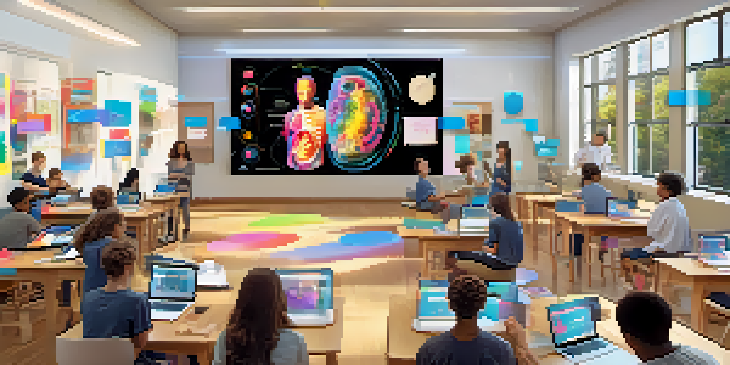 Students in a classroom using augmented reality devices to explore 3D models of the human body, with bright natural lighting and a collaborative environment.
