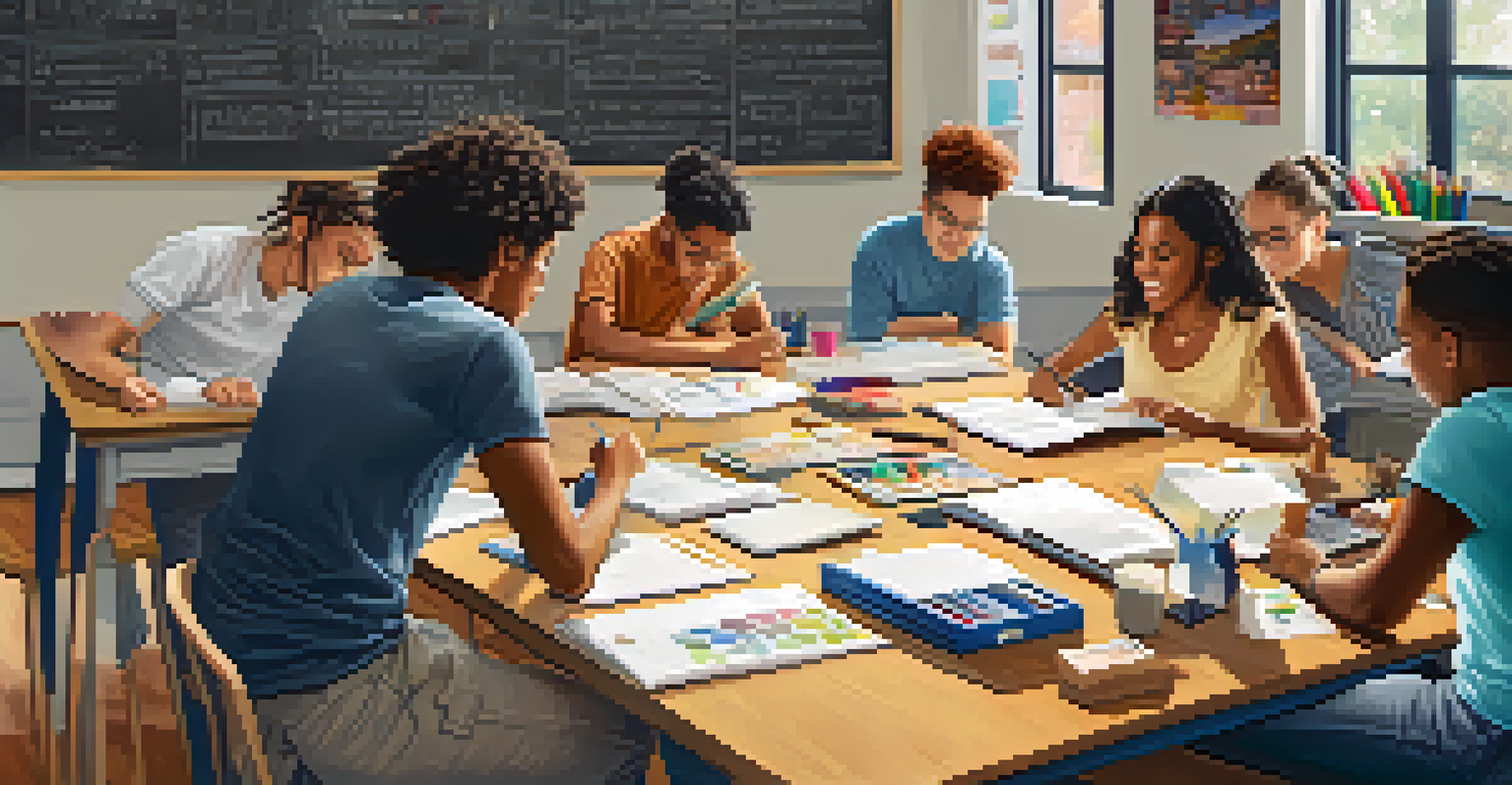 Students of different backgrounds collaborating on a project at a table, with learning materials and a chalkboard in the background.