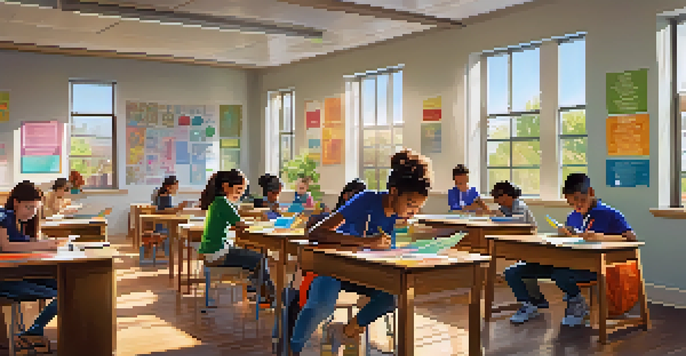 A lively classroom with students of different backgrounds working on personalized learning tasks, surrounded by bright educational posters and natural light.