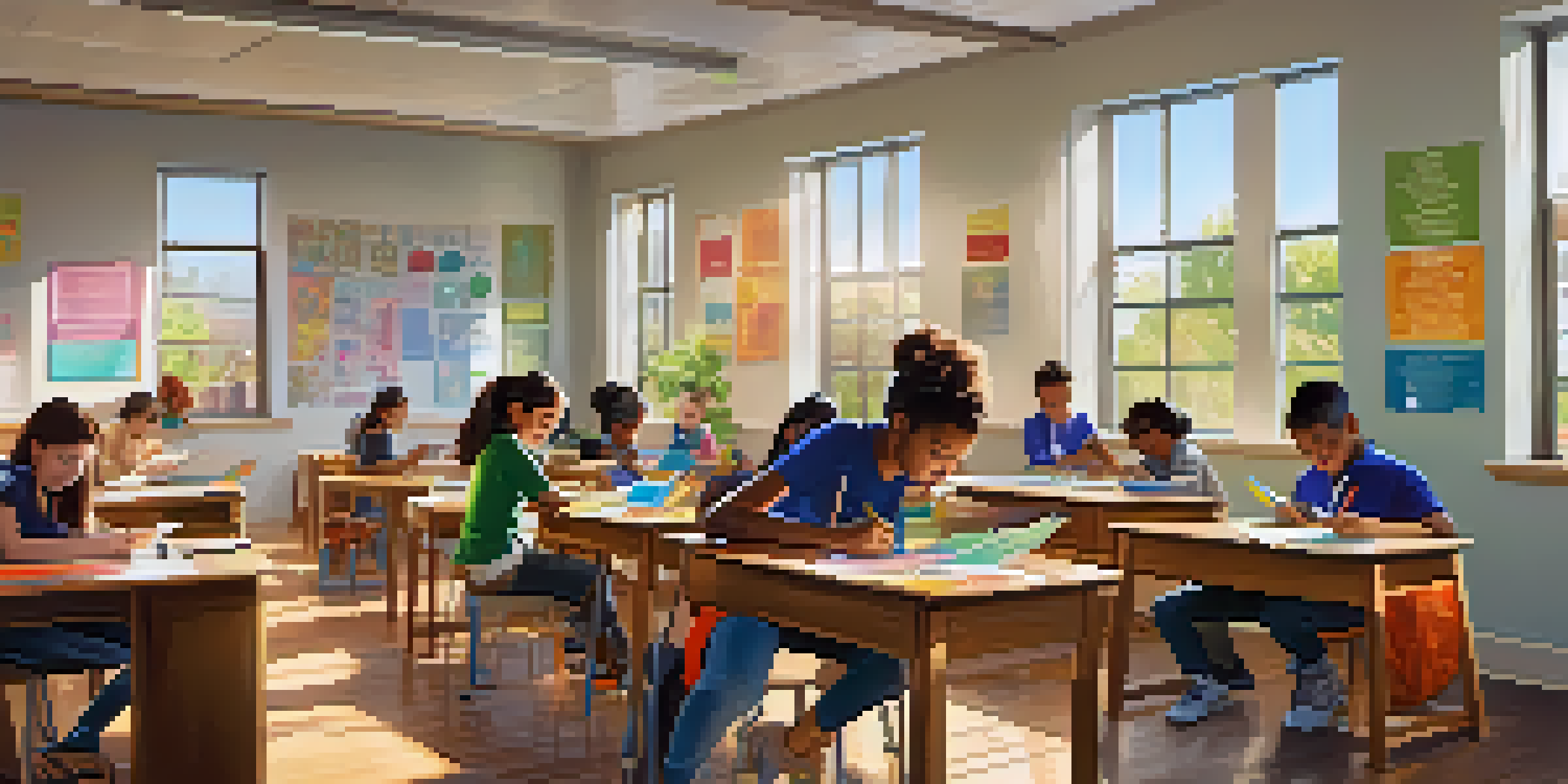 A lively classroom with students of different backgrounds working on personalized learning tasks, surrounded by bright educational posters and natural light.