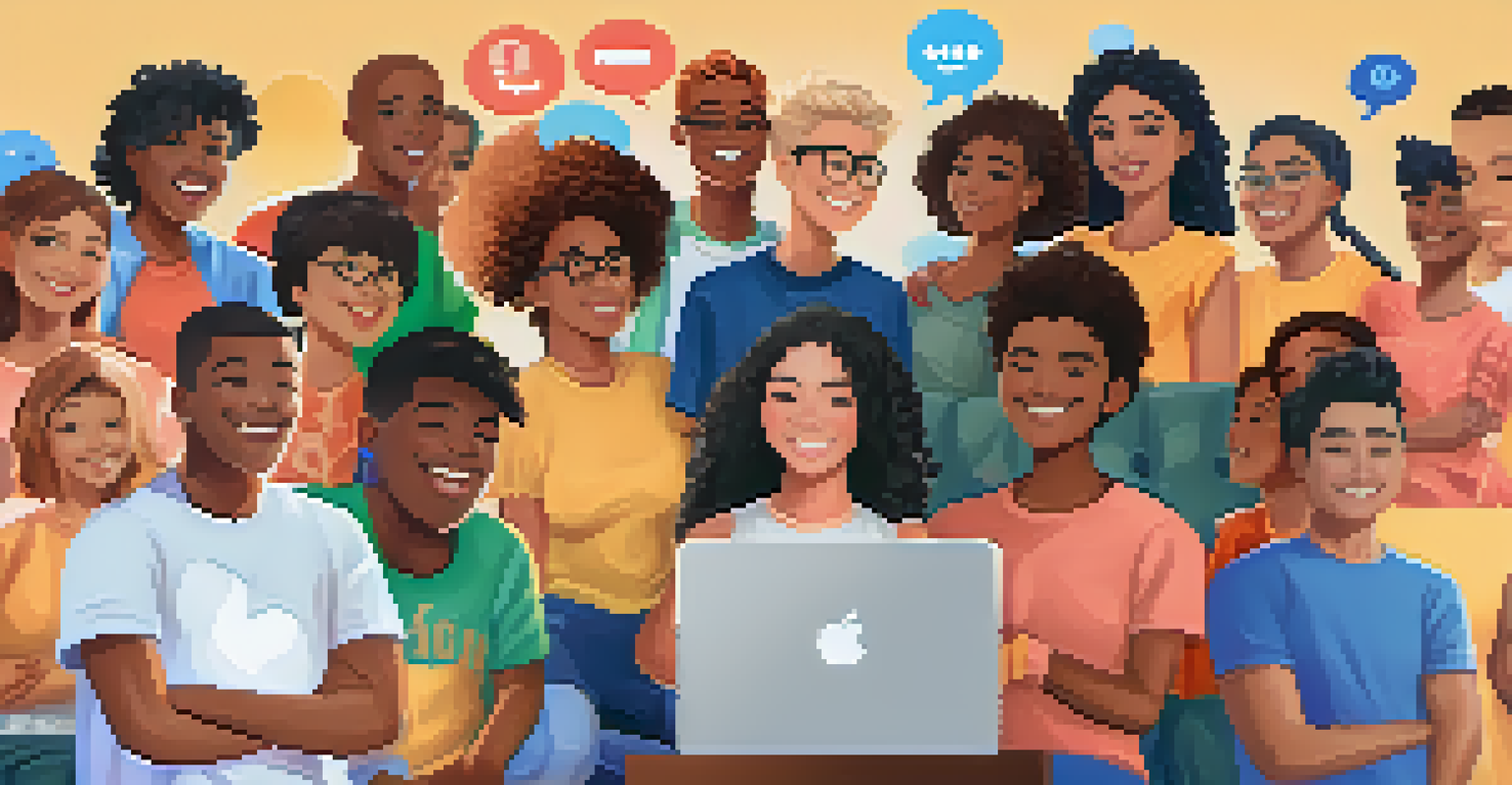 A virtual gathering of diverse avatars sharing positive messages in a bright digital environment, symbolizing a supportive online community.