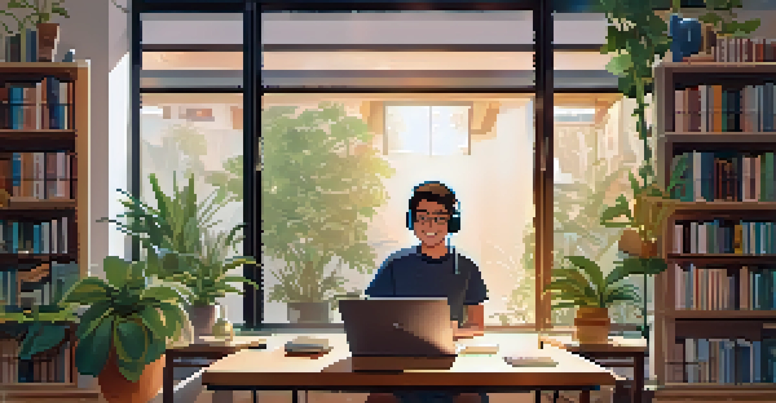 A student happily interacting with an AI chatbot on a laptop in a cozy study environment.