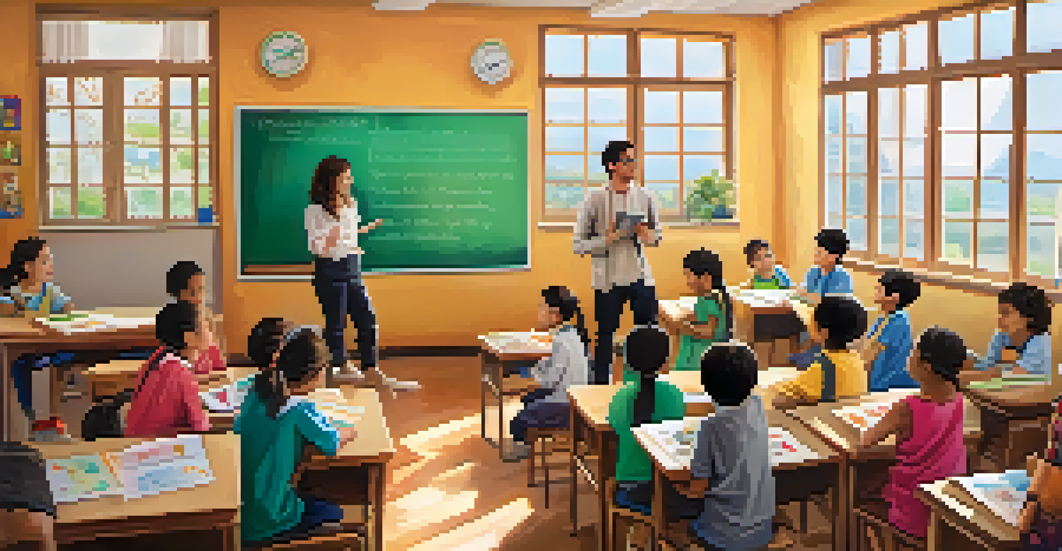 A diverse classroom with children learning languages together, featuring posters and an engaging teacher.