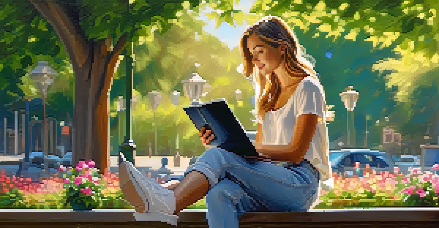 A young woman reading a book on a park bench with a laptop beside her, surrounded by greenery and flowers in sunlight.
