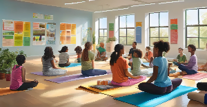 A classroom filled with students practicing yoga, discussing in groups, and eating healthy snacks, with bright natural light and colorful posters.