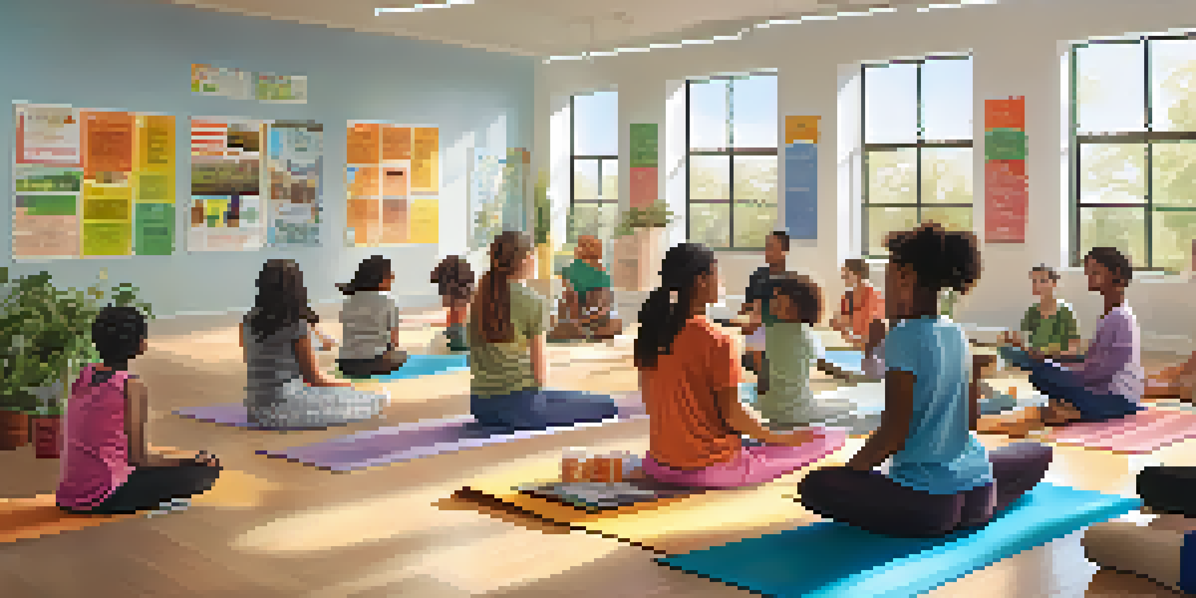 A classroom filled with students practicing yoga, discussing in groups, and eating healthy snacks, with bright natural light and colorful posters.