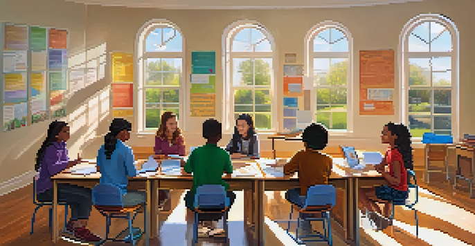 A vibrant classroom filled with diverse students working together, with a teacher facilitating their discussion, sunlight shining through the windows.