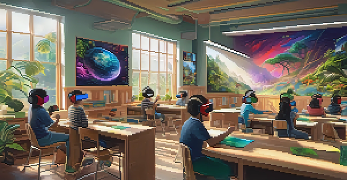 A classroom filled with students using virtual reality headsets, exploring various immersive environments like a rainforest and outer space, with educational posters around.